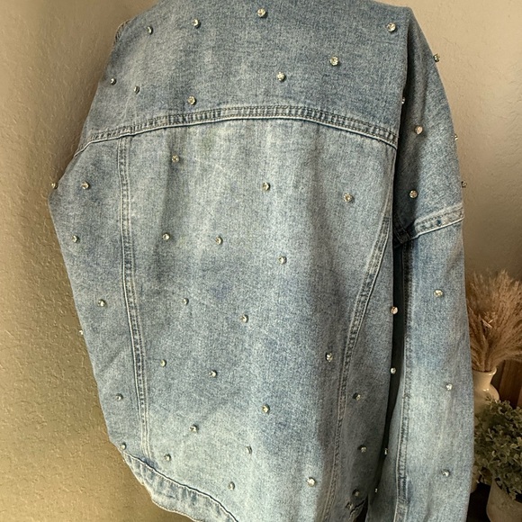 Women's Light Blue Denim Jacket with Rhinestone Stud Details - Picture 13 of 15